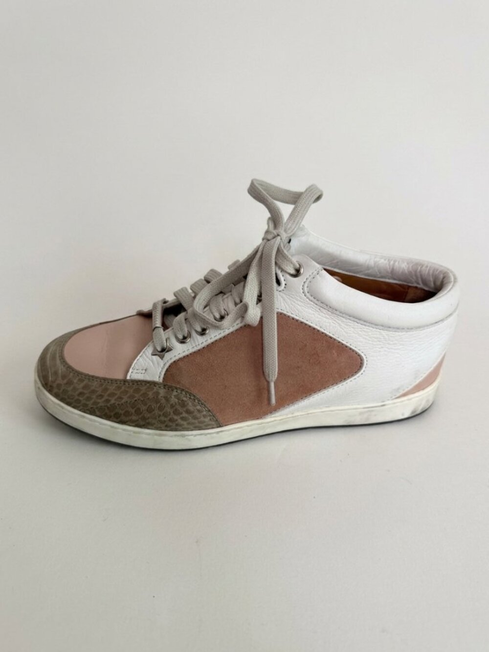 Jimmy Choo Tricolor Low Top Sneakers – Suede, Leather & Python Trim US 5.5
